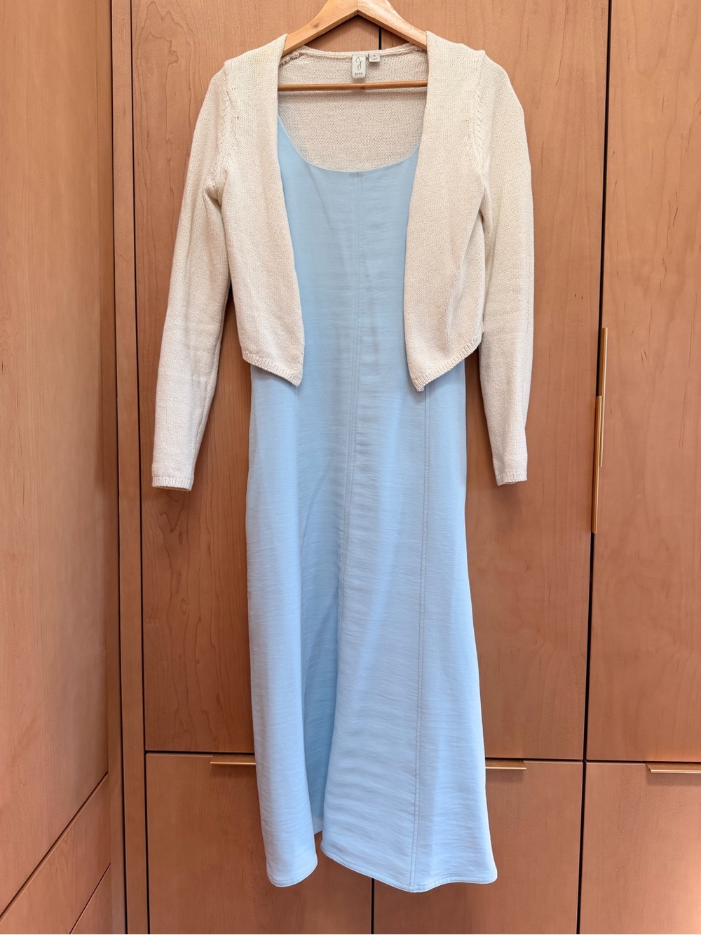 Light Blue Slip Dress with Cream Cropped Cardigan